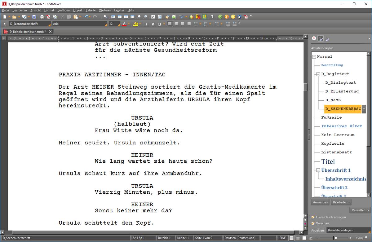 Screenshot Textverarbeitung mit Drehbuchvorlage